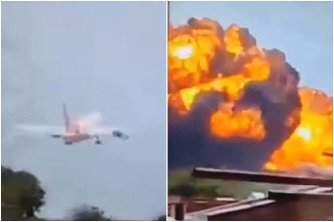 Após a queda, a aeronave explodiu e uma nuvem de fumaça preta se formou no local - (crédito: Reprodução/Redes sociais) Após a queda, a aeronave explodiu e uma nuvem de fumaça preta se formou no local - (crédito: Reprodução/Redes sociais)