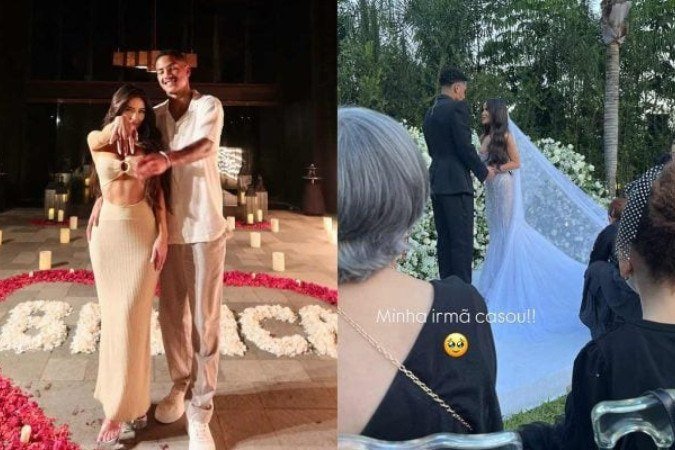 Ângelo, atacante ex-Santos, oficializou união com Bianca Anchieta após quase dois anos de namoro - (crédito: Fotos: Reprodução / Redes sociais) Ângelo, atacante ex-Santos, oficializou união com Bianca Anchieta após quase dois anos de namoro - (crédito: Fotos: Reprodução / Redes sociais)