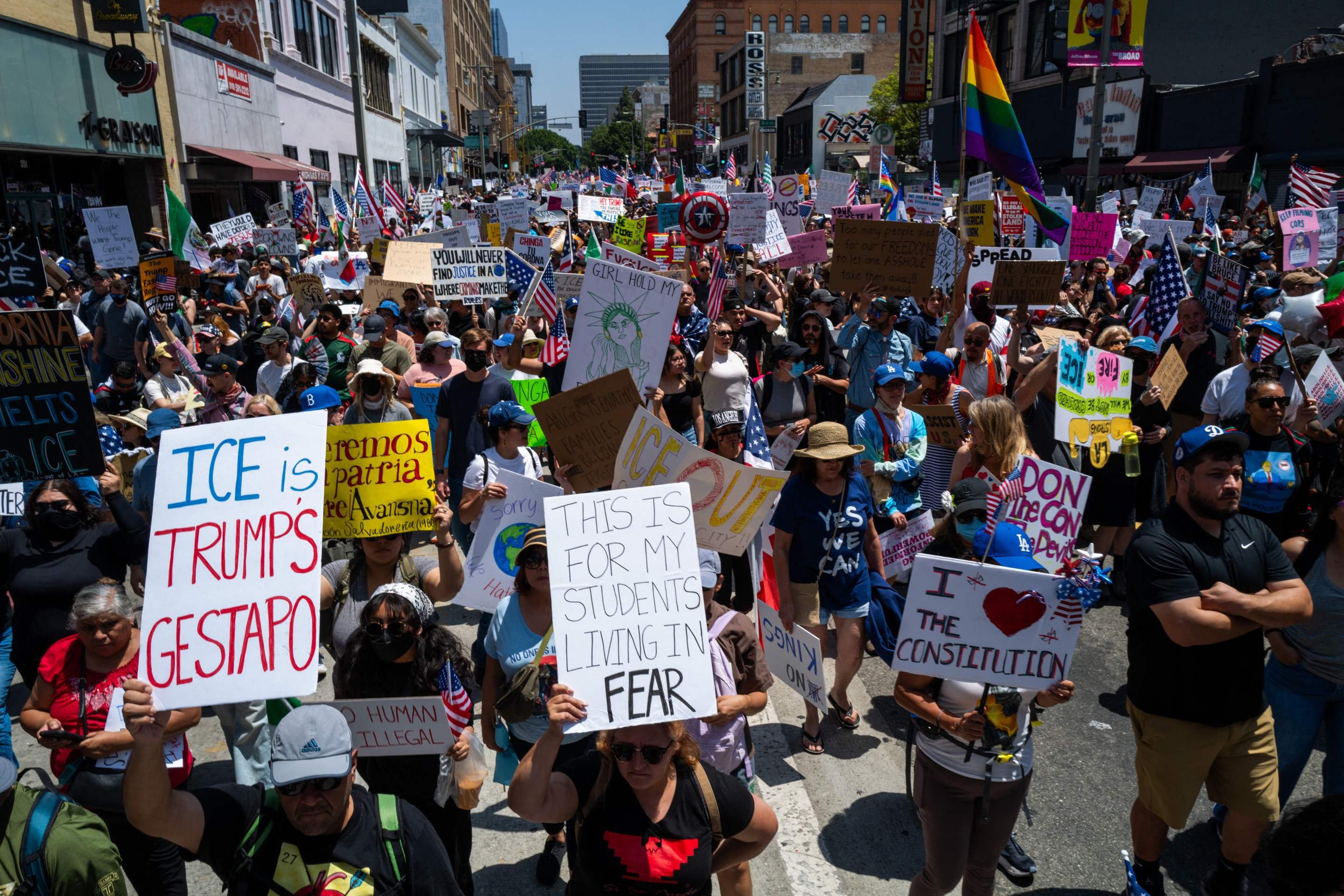  LOS ANGELES- JUNE 14: Thousands of protesters gather in downtown Los Angeles for an anti-Trump 