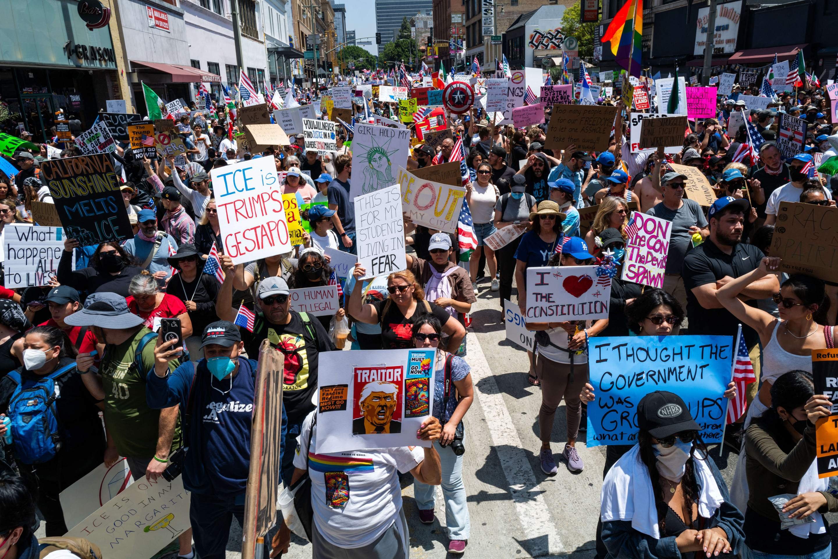 LOS ANGELES- JUNE 14: Thousands of protesters gather in downtown Los Angeles for an anti-Trump 