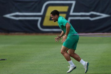 Alviverde, do atacante Vitor Roque, treinou ontem na ensolarada Universidade da Carolina do Norte antes de encarar chuva de New Jersey -  (crédito: Cesar Greco/Palmeiras)