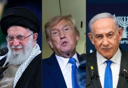  (COMBO) This combination of pictures created on June 18, 2025 shows (L to R) a handout picture released by the official website of Iran's Supreme leader Ayatollah Ali Khamenei on March 12, 2025 depicting him during a meeting with Iranian students in Tehran; US President Donald Trump speaking to reporters about the G7 Summit aboard Air Force One while travelling back to Washington from Canada on June 16, 2025; and Israel's Prime Minister Benjamin Netanyahu giving a news conference in Jerusalem on September 2, 2024. Iran's supreme leader on June 18 described as 'unacceptable' an ultimatum from US President Donald Trump calling for the nation's 'unconditional surrender'. (Photo by Brendan Smialowski and Ohad Zwigenberg / various sources / AFP) / RESTRICTED TO EDITORIAL USE - MANDATORY CREDIT 'AFP PHOTO / IRANIAN SUPREME LEADER'S WEBSITE' - NO MARKETING NO ADVERTISING CAMPAIGNS - DISTRIBUTED AS A SERVICE TO CLIENTS
       -  (crédito:  AFP)