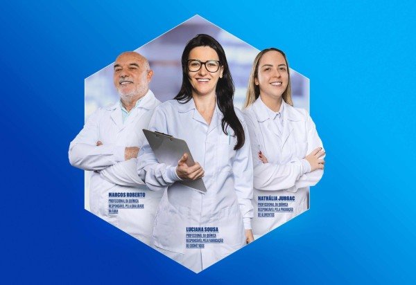 Marcos Roberto, profissional da Química responsável pela qualidade da água; Luciana Sousa, profissional da Química responsável pela fabricação de cosméticos; e Nathália Jurgac, profissional da Química responsável pela produção de alimentos. -  (crédito: Conselho Federal de Química (CFQ))