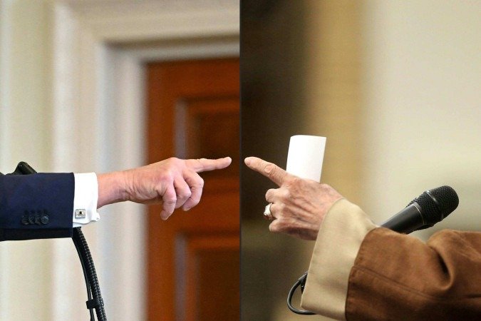  (COMBO) This combination of pictures created on June 18, 2025 shows (L to R) US President Donald Trump during a press conference at the White House in Washington, DC, on February 4, 2025; and a handout picture provided by the office of Iran's Supreme Leader Ayatollah Ali Khamenei on December 11, 2024 of him addressing supporters in Tehran. US President Donald Trump said on June 18, 2025 that he was considering whether the United States will join Israeli strikes on Iran, as he said that Tehran had reached out to seek negotiations. (Photo by ANDREW CABALLERO-REYNOLDS / various sources / AFP) / === RESTRICTED TO EDITORIAL USE - MANDATORY CREDIT 