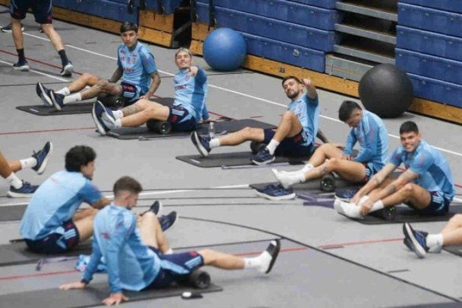 Jogadores do Flamengo fazem aquecimento somente na academia - (crédito: Foto: Gilvan de Souza/Flamengo) Jogadores do Flamengo fazem aquecimento somente na academia - (crédito: Foto: Gilvan de Souza/Flamengo)