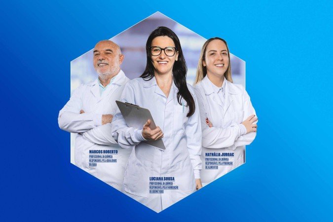 Marcos Roberto, profissional da Química responsável pela qualidade da água; Luciana Sousa, profissional da Química responsável pela fabricação de cosméticos; e Nathália Jurgac, profissional da Química responsável pela produção de alimentos. - (crédito: Conselho Federal de Química (CFQ)) Marcos Roberto, profissional da Química responsável pela qualidade da água; Luciana Sousa, profissional da Química responsável pela fabricação de cosméticos; e Nathália Jurgac, profissional da Química responsável pela produção de alimentos. - (crédito: Conselho Federal de Química (CFQ))