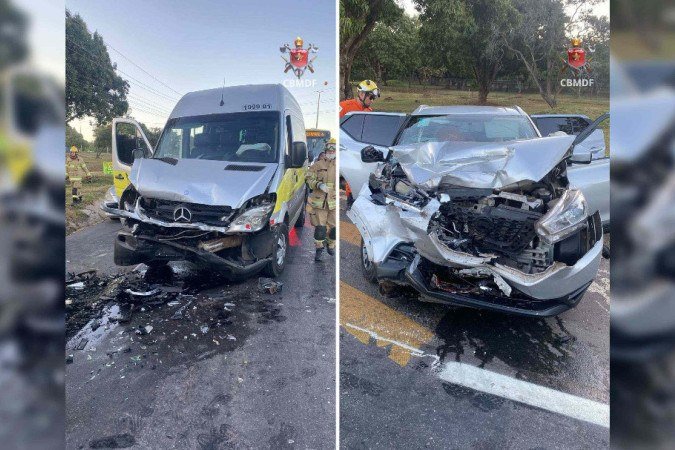 O motorista da van, foi encontrado consciente, orientado e em condição estável, mas reclamava de dores no peito -  (crédito: Divulgação/CBMDF)