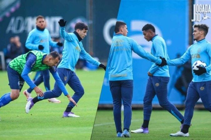 Cristaldo (esquerda) e Arezo (direita) participaram de quatro dos cinco gols da vitória, de goleada, do Grêmio em jogo-treino -  (crédito: Fotos: Lucas Uebel / Grêmio FBPA)