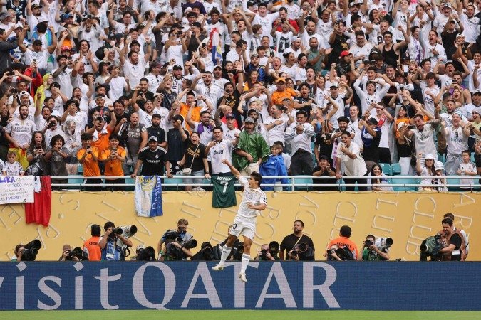 Clube global, o Real Madrid tem arrastado multidões nos EUA, ao contrário de concorrentes europeus - (crédito: Michael Reaves/Getty Images via AFP) Clube global, o Real Madrid tem arrastado multidões nos EUA, ao contrário de concorrentes europeus - (crédito: Michael Reaves/Getty Images via AFP)