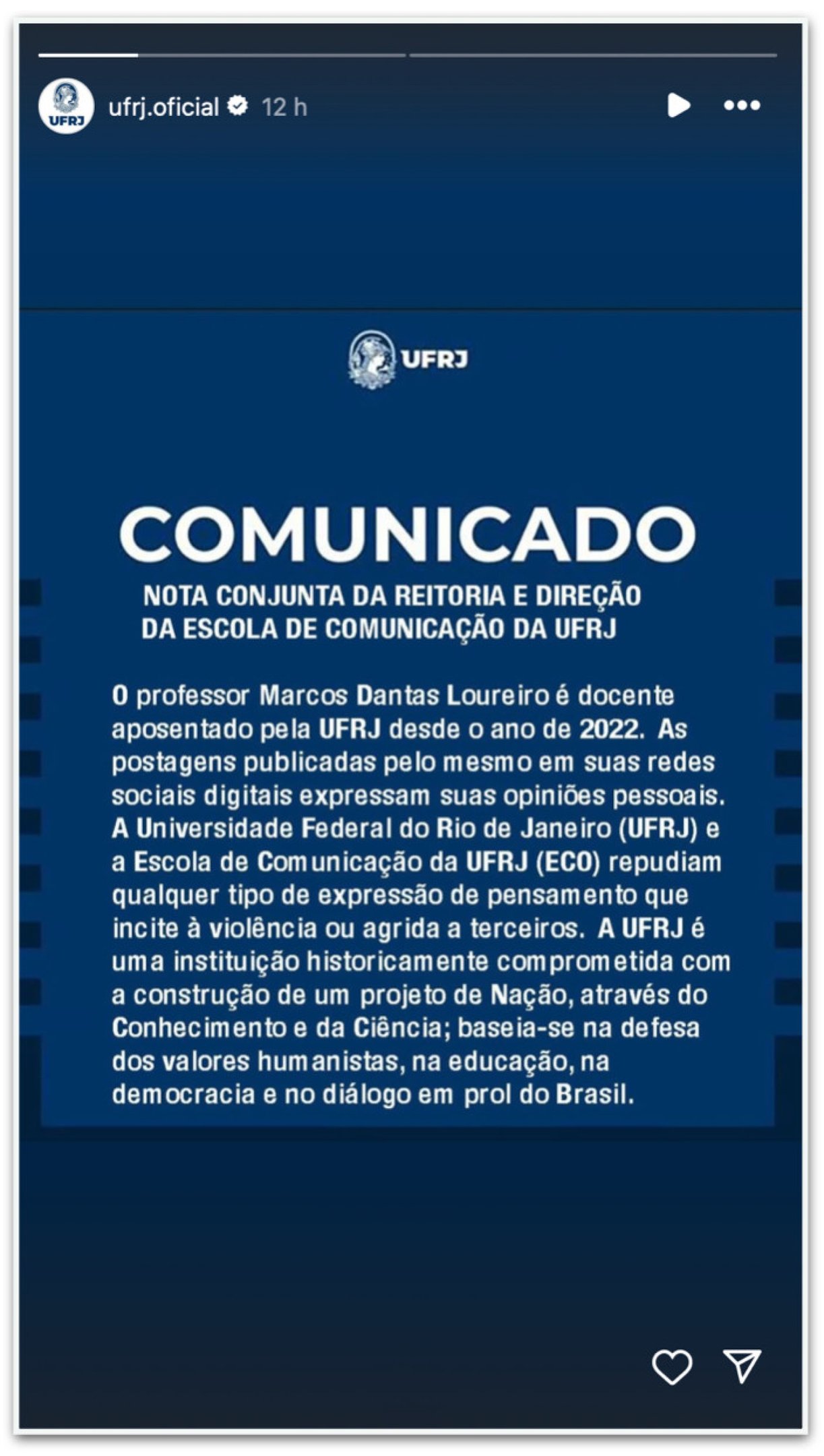 O comunicado foi compartilhado por stories no perfil oficial da UFRJ: @ufrj.oficial O comunicado foi compartilhado por stories no perfil oficial da UFRJ: @ufrj.oficial