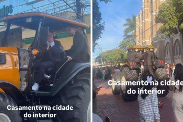 Noivo chegou de trator ao casamento, junto com os padrinhos -  (crédito: Reprodução / redes sociais)