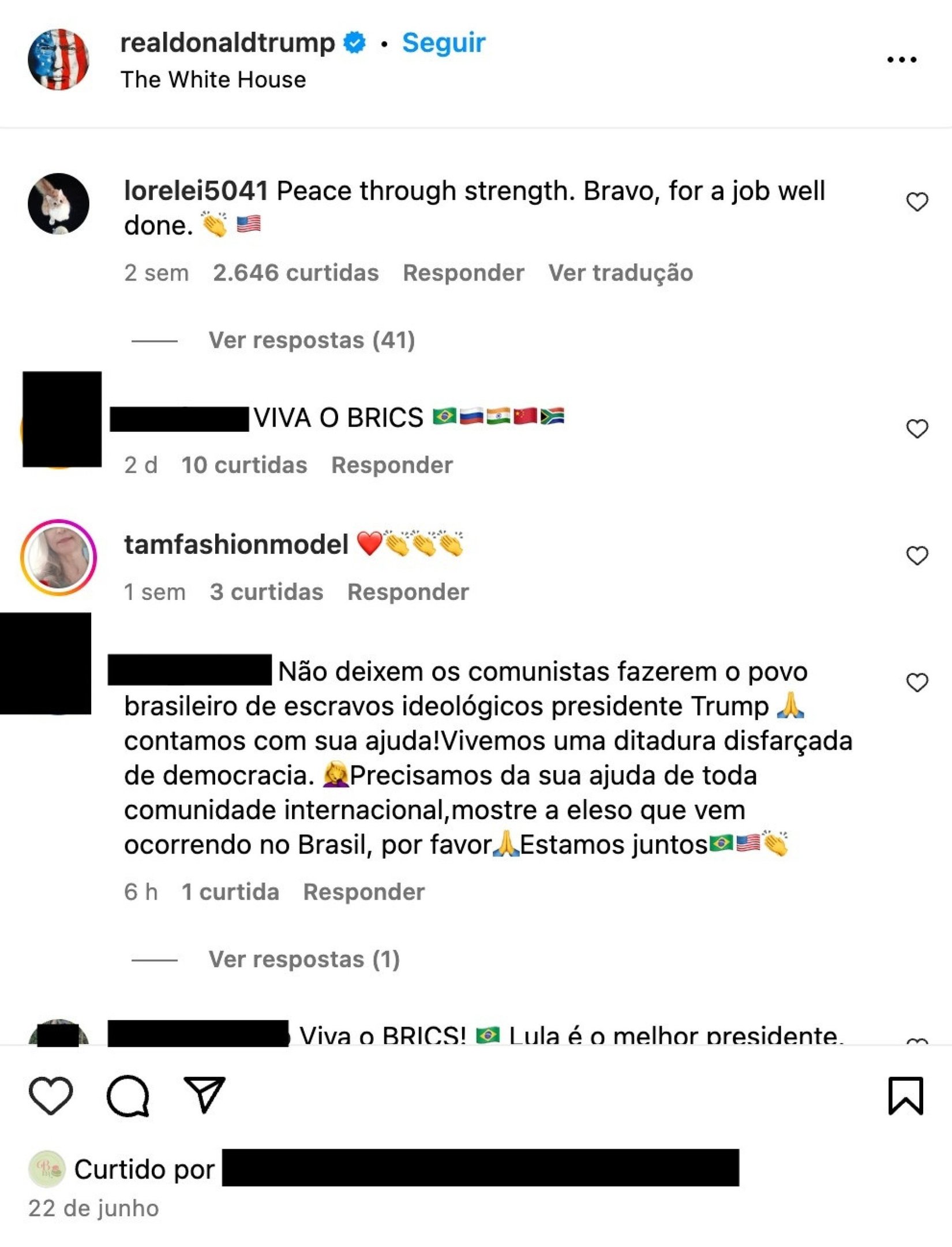 Brasileiros comentam no perfil de Trump no Instagram