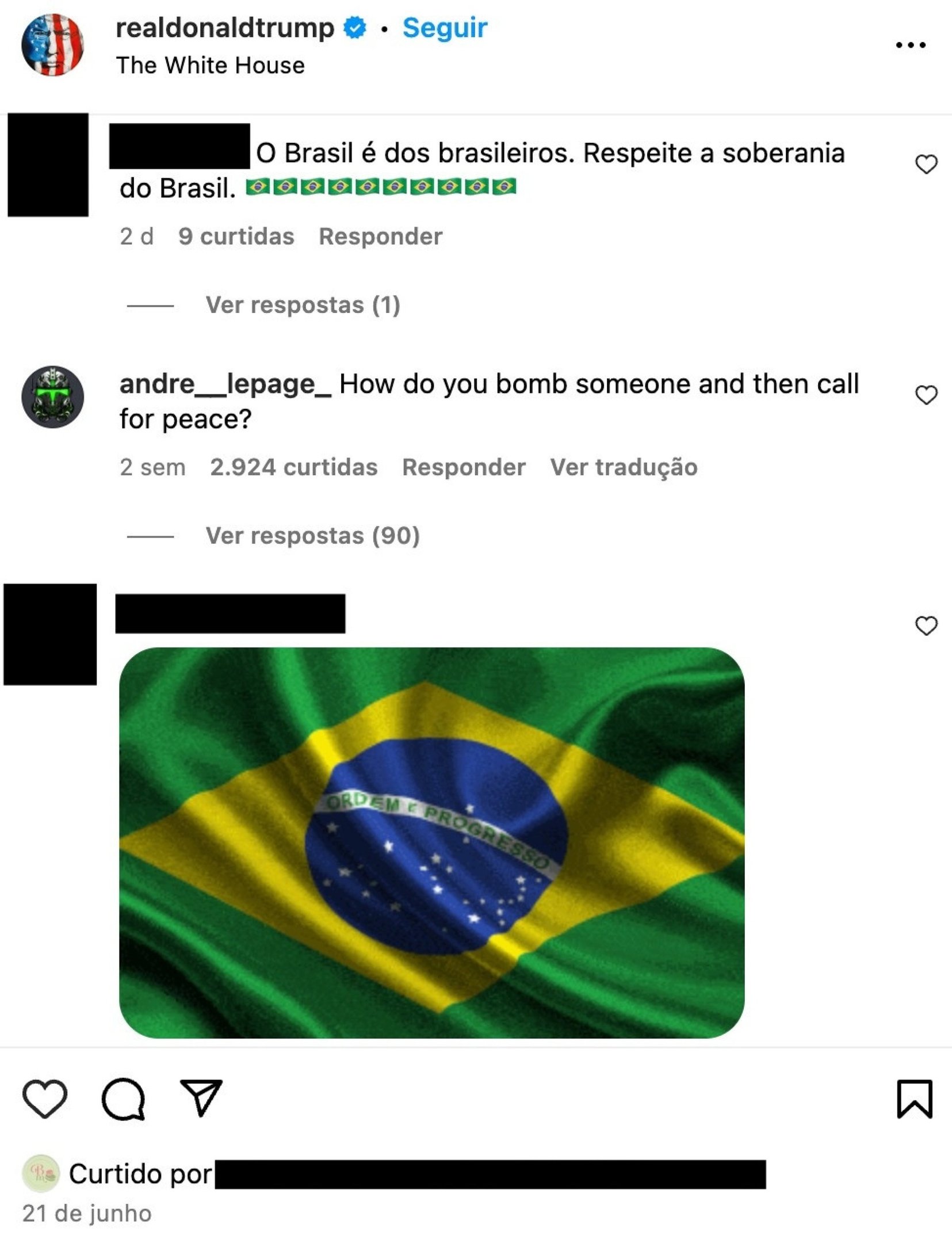 Brasileiros comentam no perfil de Trump no Instagram