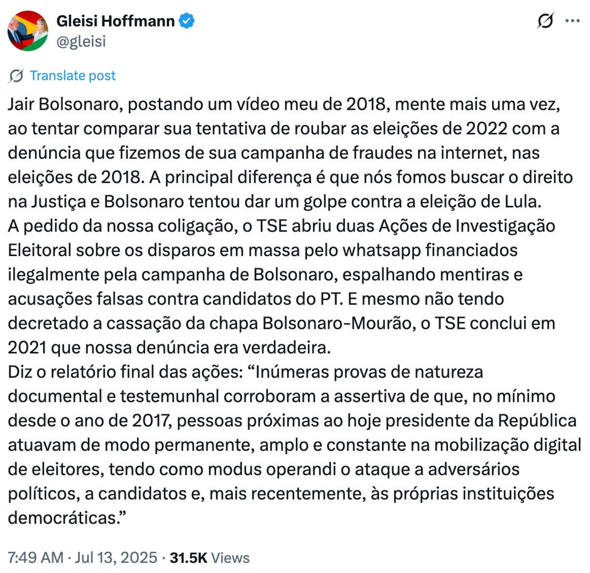 Resposta de Gleisi à publicação de Bolsonaro