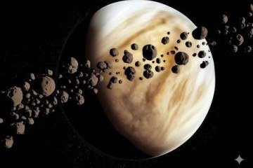 Imagem gerada por inteligência artificial mostra Vênus e os asteroides que coorbitam o Sol junto a ele
 -  (crédito: Valerio Carruba/Google Gemini via Agência Fapesp)