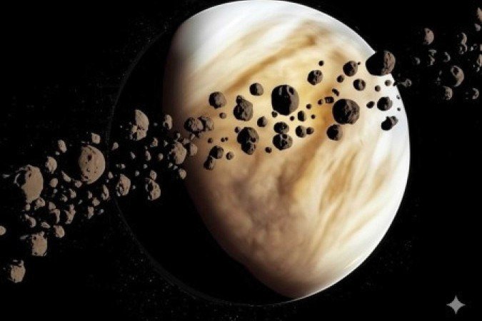 Imagem gerada por inteligência artificial mostra Vênus e os asteroides que coorbitam o Sol junto a ele
- (crédito: Valerio Carruba/Google Gemini via Agência Fapesp) Imagem gerada por inteligência artificial mostra Vênus e os asteroides que coorbitam o Sol junto a ele
- (crédito: Valerio Carruba/Google Gemini via Agência Fapesp)