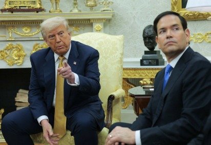 Trump e Rubio: nas redes sociais, secretário de Estado norte-americano reforçou a acusação de que Bolsonaro sofre perseguição política  -  (crédito: Anna Moneymaker/AFP)