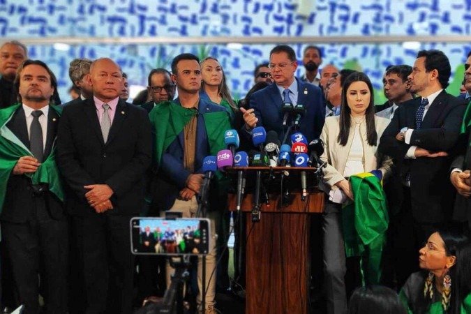 Líder do PL, Sóstenes Cavalcante (PL-RJ) fala à imprensa ao lado de deputados e senadores bolsonaristas nesta segunda (21) -  (crédito: Divulgação/PL)