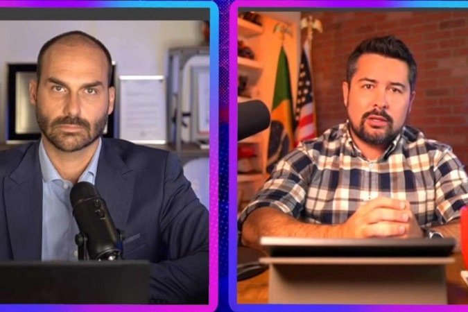 Eduardo Bolsonaro e Paulo Figueiredo na sabatina do podcast Inteligência Ltda.: os dois concordam com o tarifaço imposto por Trump ao Brasil