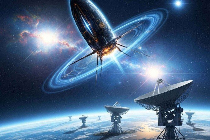 Imagem gerada por inteligência artificial simula a busca por sinais no espaço -  (crédito: Ilustração feita pelo Gemini One com base no artigo de opinião)