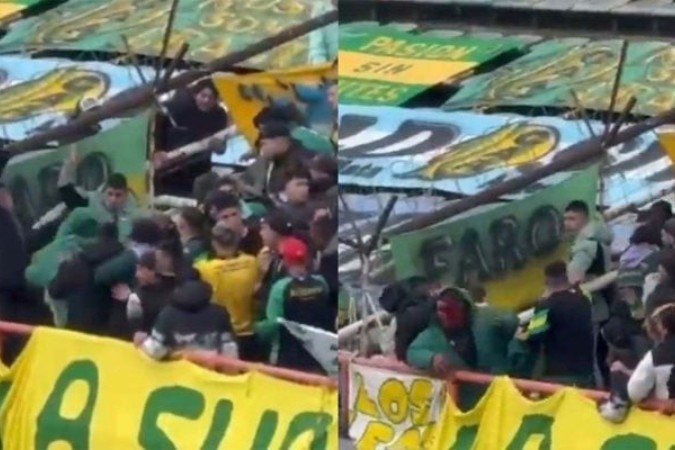 Durante partida contra o Newell's Old Boys, torcedores do Aldosivi protagonizaram um violento confronto na arquibancada - (crédito: Reprodução de Vídeo) Durante partida contra o Newell's Old Boys, torcedores do Aldosivi protagonizaram um violento confronto na arquibancada - (crédito: Reprodução de Vídeo)
