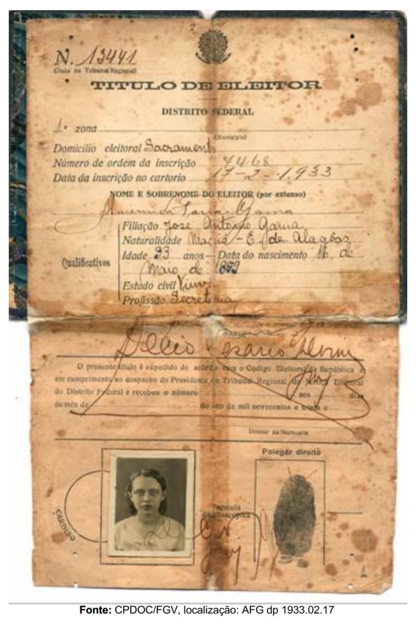 Título de eleitora da sufragista Almerinda Gama, que lutou pelo voto feminino no Brasil