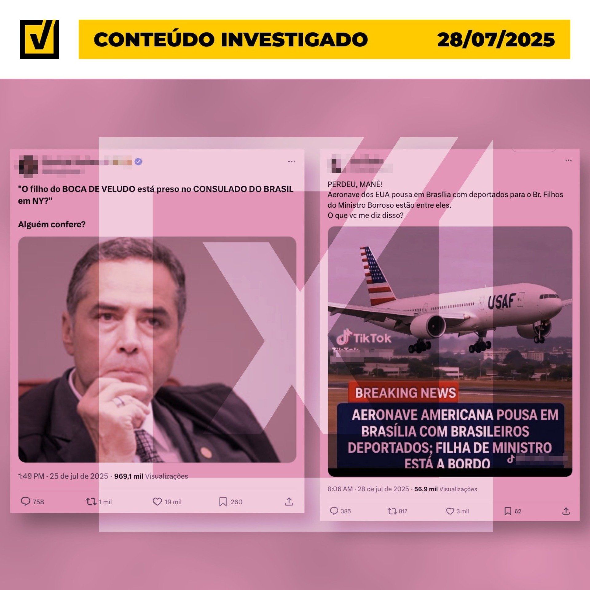 Posts mentirosos alegam que os dois filhos do ministro Luís Roberto Barroso, presidente do Supremo Tribunal Federal (STF), teriam sido deportados ou que eles teriam se refugiado no Consulado do Brasil em Nova York - (crédito: Reprodução/Comprova ) Posts mentirosos alegam que os dois filhos do ministro Luís Roberto Barroso, presidente do Supremo Tribunal Federal (STF), teriam sido deportados ou que eles teriam se refugiado no Consulado do Brasil em Nova York - (crédito: Reprodução/Comprova )