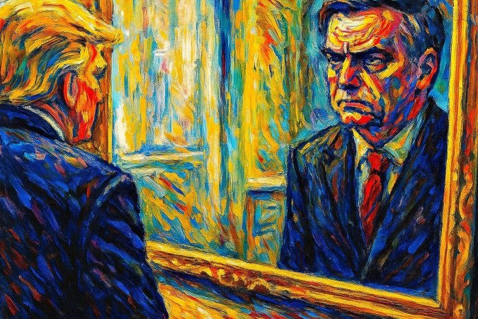 Trum, de costas, se olhando no espelho e vendo o reflexo de Jari Bolsonaro -  (crédito: Editoria de Arte)