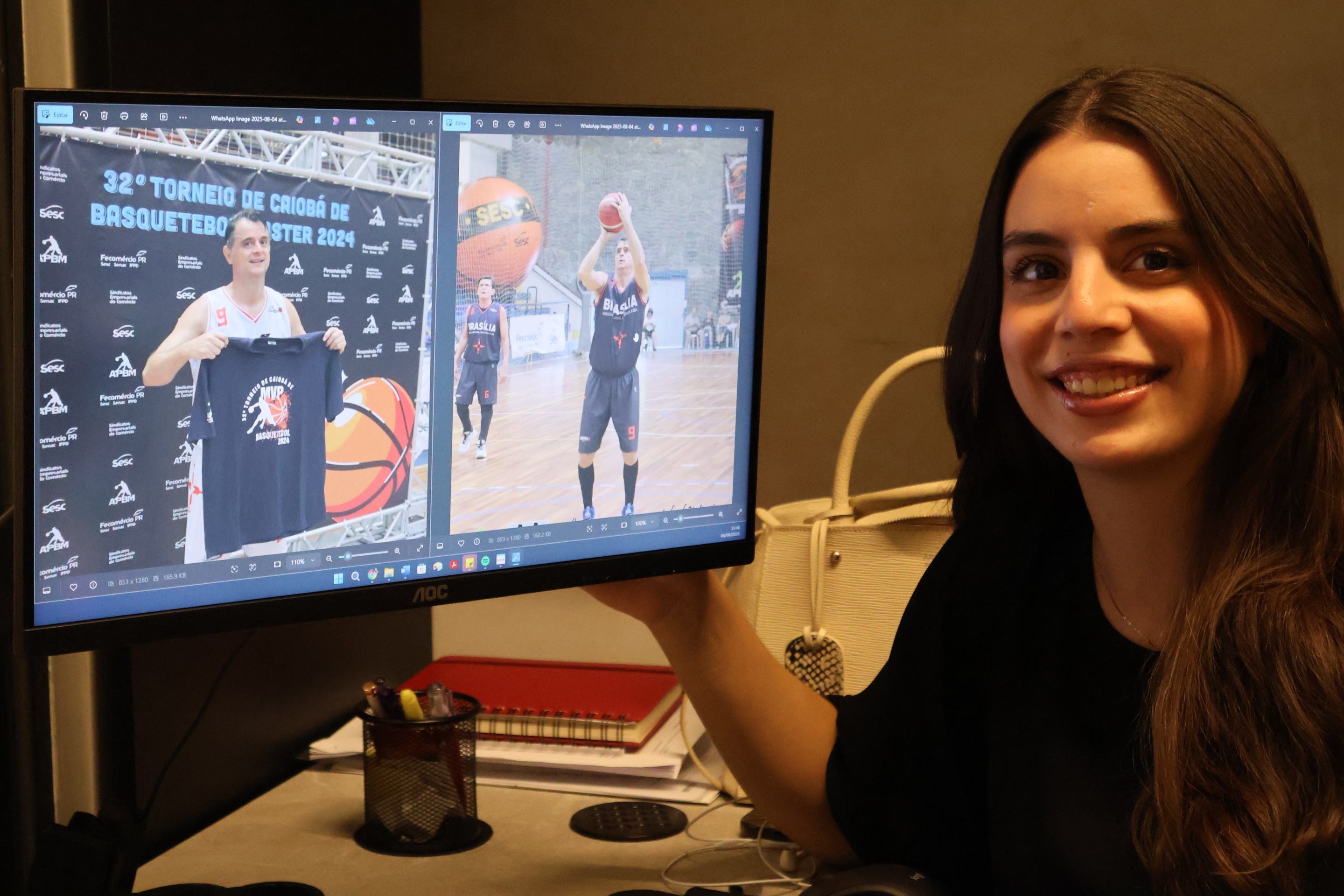 Gabriela Aleixo e o paizão, Marcos Batista, em competição de basquete