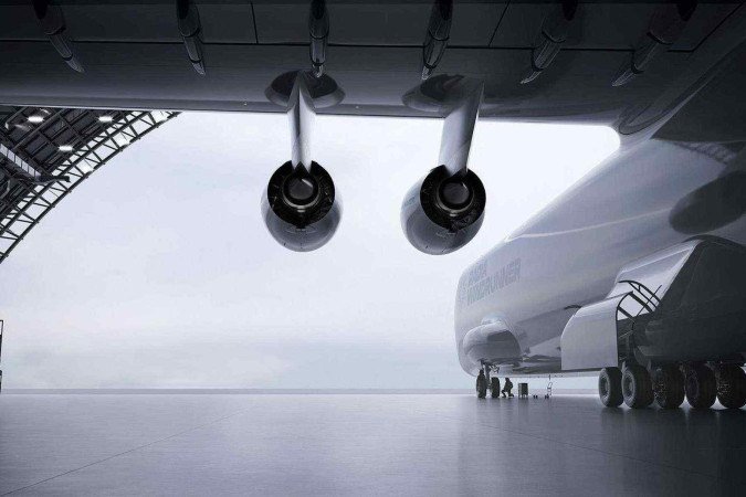 O WindRunner foi projetado para transportar pás de turbinas eólicas de grandes dimensões para pistas de pouso rudimentares (imagem gerada por computador) - (crédito: Radia) O WindRunner foi projetado para transportar pás de turbinas eólicas de grandes dimensões para pistas de pouso rudimentares (imagem gerada por computador) - (crédito: Radia)