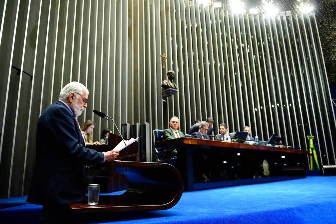Depois que bolsonaristas desocuparam o plenários o senador Jaques Wagner (PT-BA), relator matéria, apresentou o seu parecer sobre o PL -  (crédito:  Saulo Cruz/Agência Senado)