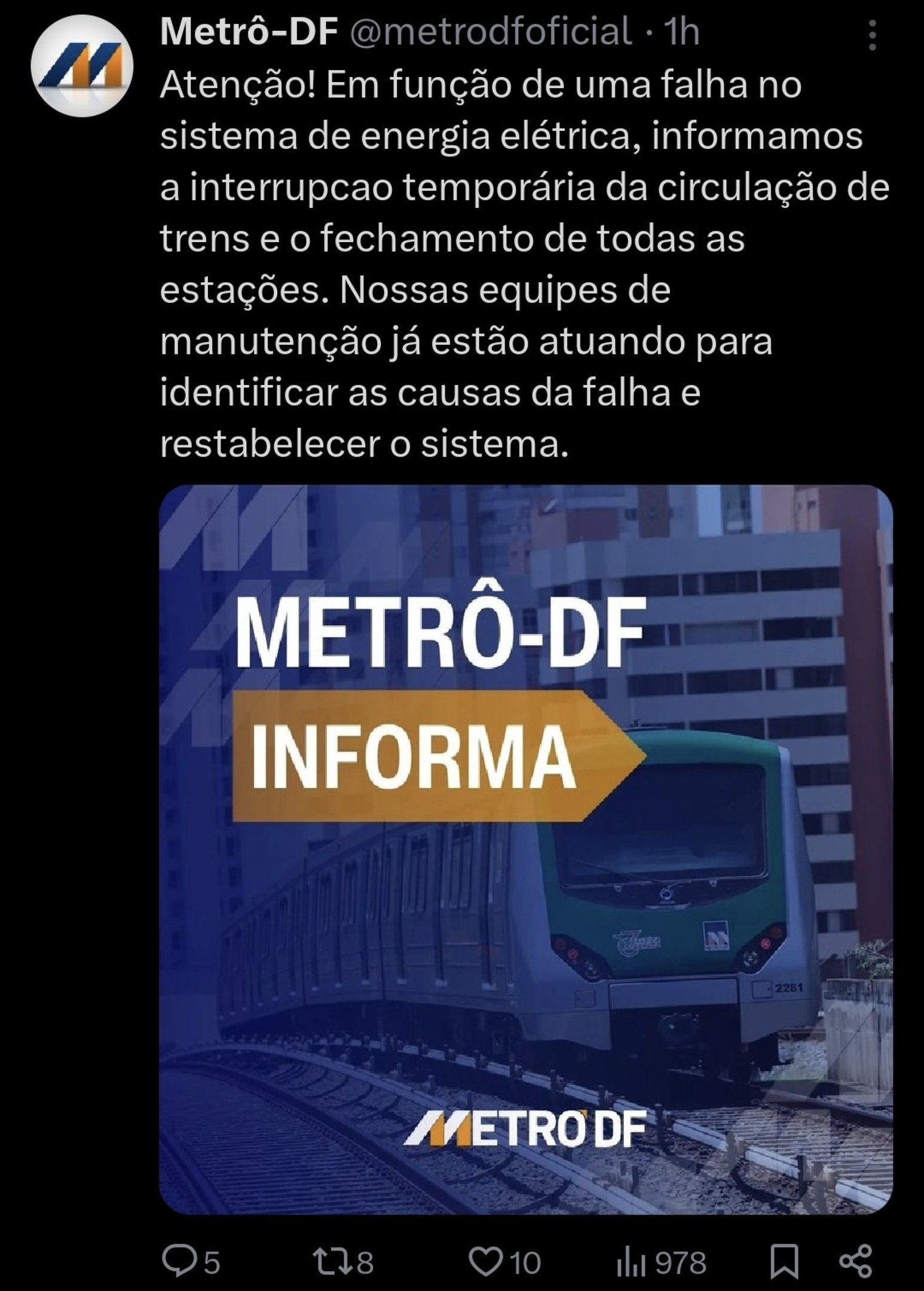 Captura de tela do comunicado do Metrô-DF sobre a falha