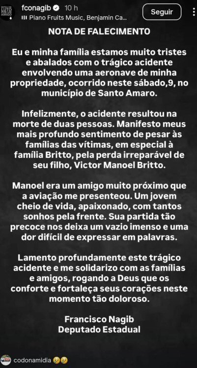 DEP. ESTADUAL NAGIB SE MANIFESTOU SOBRE A MORTE DO AMIGO EM SEU AVIÃO
