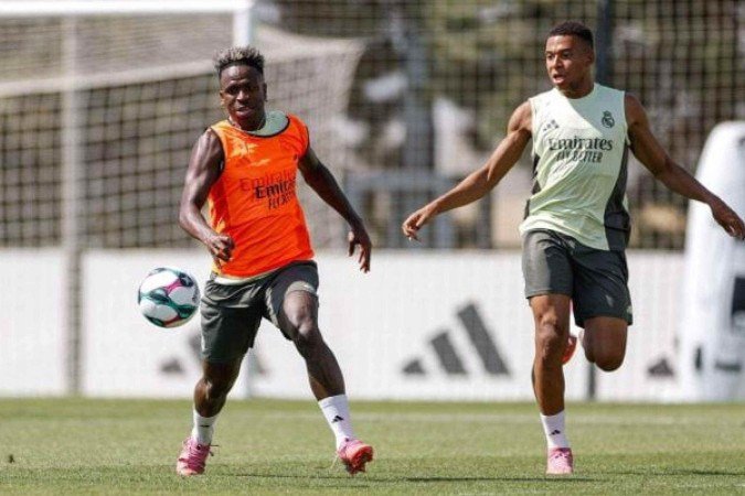 Vini Jr e Mbappé durante treinamento do Real Madrid - (crédito: Foto: Antonio Villalba / Real Madrid) Vini Jr e Mbappé durante treinamento do Real Madrid - (crédito: Foto: Antonio Villalba / Real Madrid)