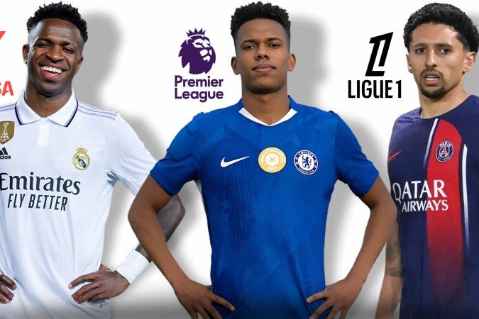 Vinicius Junior, Estêvão e Marquinhos: estrelas brasileiras no Espanhol, no Inglês e no Francês em 2024/2026 - (crédito: Valdo Virgo) Vinicius Junior, Estêvão e Marquinhos: estrelas brasileiras no Espanhol, no Inglês e no Francês em 2024/2026 - (crédito: Valdo Virgo)