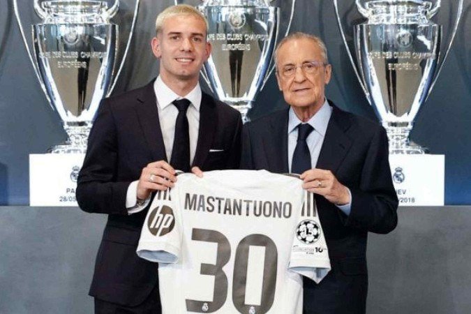 Mastantuono é o novo reforço do Real Madrid para a temporada 2025/26 - (crédito: Foto: Divulgação/Real Madrid/X) Mastantuono é o novo reforço do Real Madrid para a temporada 2025/26 - (crédito: Foto: Divulgação/Real Madrid/X)