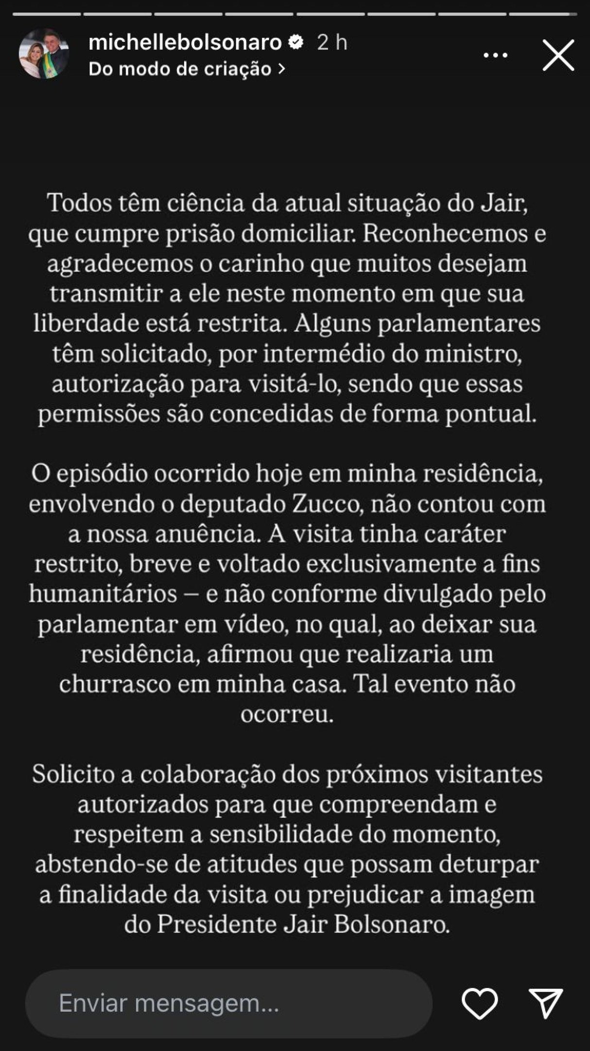 Michelle Bolsonaro afirma não consentir com visita