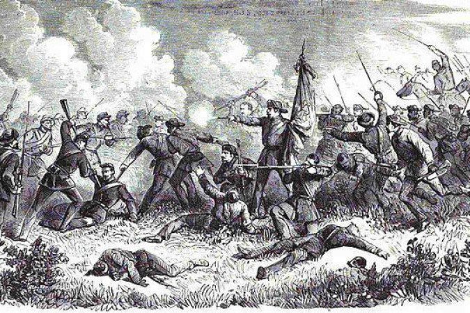 Pedro 2º com seus dois genros (Augusto de Saxe-Coburgo-Gota e Gastão de Orléans) em Alegrete, 1865, durante a Guerra do Paraguai -  (crédito: Fine Art Images/Heritage Images/Getty Images)