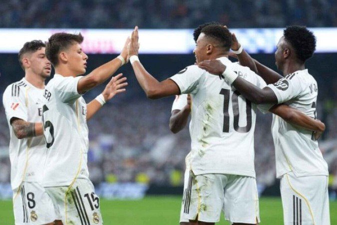 Jogadores do Real Madrid comemoram o gol marcado por Mbappé - (crédito: Foto: Angel Martinez/Getty Images) Jogadores do Real Madrid comemoram o gol marcado por Mbappé - (crédito: Foto: Angel Martinez/Getty Images)