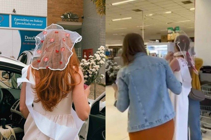 Jéssica Bender foi surpreendida por aplausos de clientes e funcionários ao entrar vendada em um supermercado durante sua despedida de solteira em Indaial (SC) -  (crédito: Reprodução / Instagram )