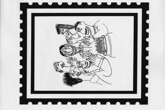 Crédito: Confraria dos Bibliófilos do Brasil/ Reprodução. Crédito: Confraria dos Bibliófilos do Brasil/ Reprodução. Página do livro Sérgio Porto Centenário. O Suprassumo de Stanislaw Ponte Preta com ilustração de Jaguar.