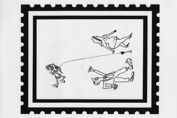 Crédito: Confraria dos Bibliófilos do Brasil/ Reprodução. Crédito: Confraria dos Bibliófilos do Brasil/ Reprodução. Página do livro Sérgio Porto Centenário. O Suprassumo de Stanislaw Ponte Preta com ilustração de Jaguar.