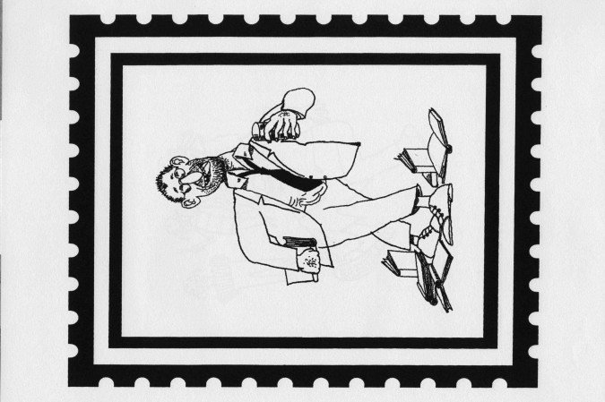 Crédito: Confraria dos Bibliófilos do Brasil/ Reprodução. Crédito: Confraria dos Bibliófilos do Brasil/ Reprodução. Página do livro Sérgio Porto Centenário. O Suprassumo de Stanislaw Ponte Preta com ilustração de Jaguar.