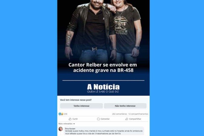 Reprodução de notícia sobre o acidente com o cantor Relber, do portal A Notícia, em que a mulher de uma das vítimas comenta sobre o caso