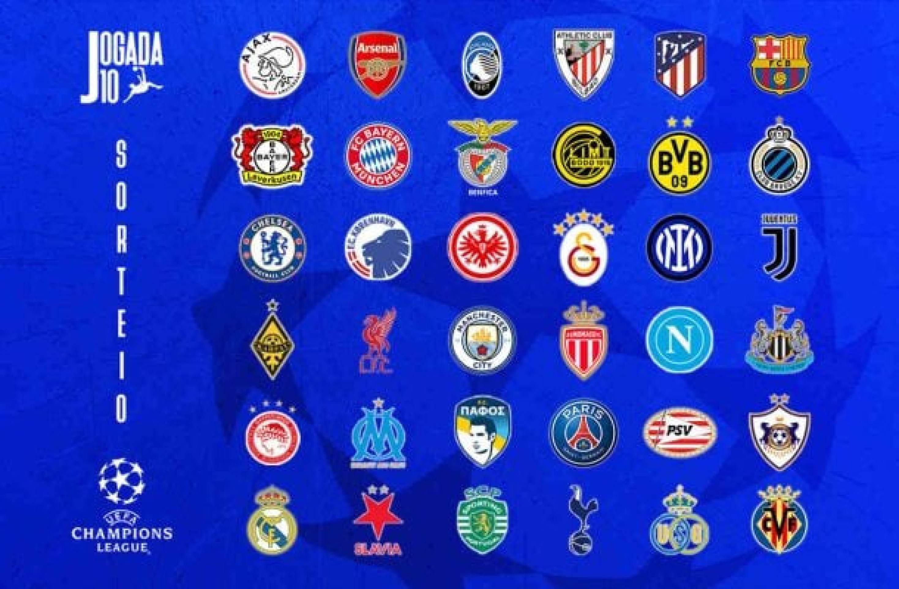 Estes 36 times conhecerão seus rivais na fase de liga de Champions nesta quinta-feira -  (crédito: Foto: Arte Jogada)