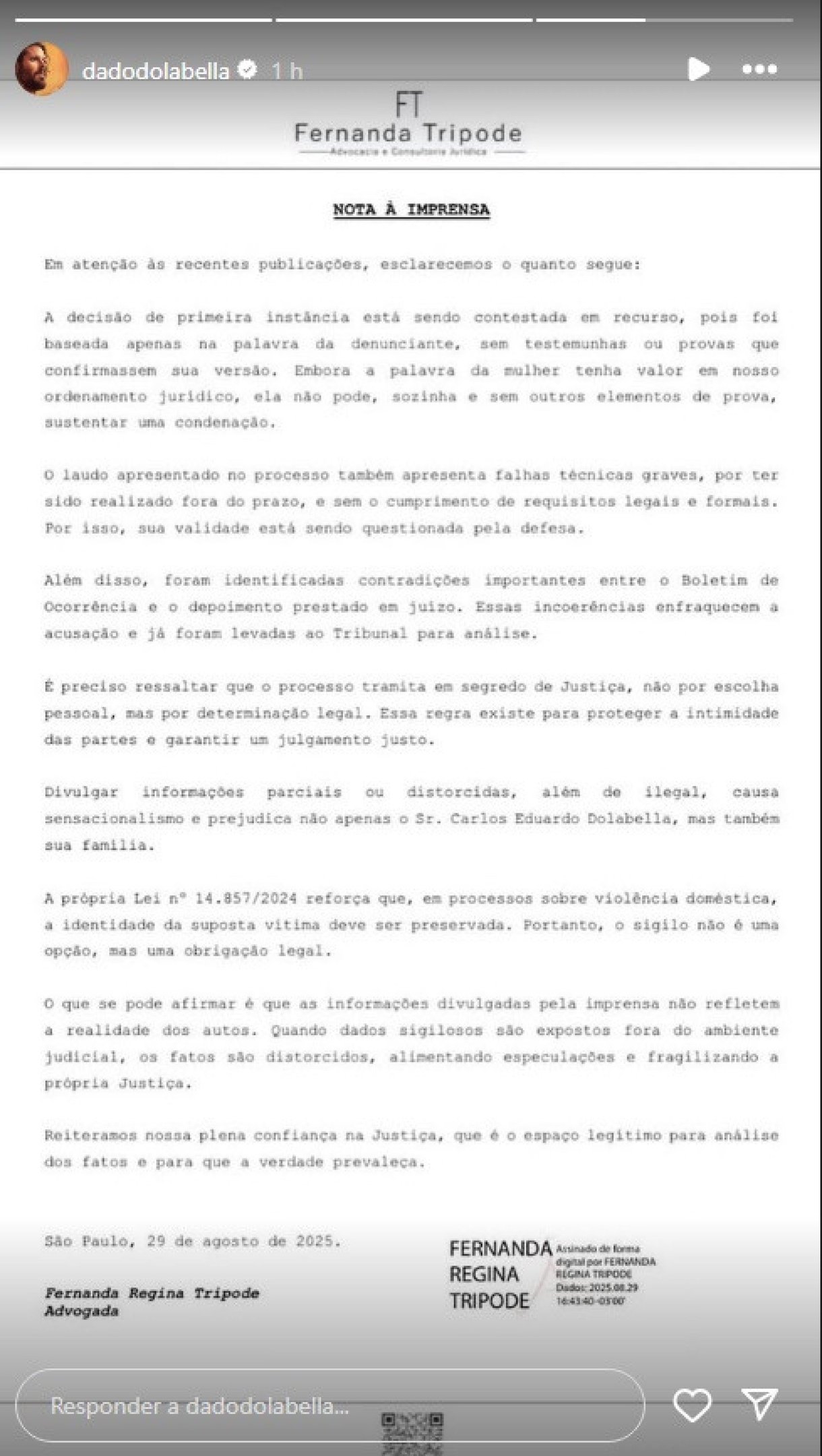 Comunicado publicado nas redes sociais do ator