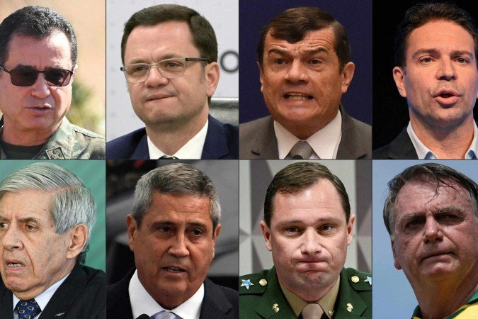  (FILES) (COMBO) This combination of pictures created on June 07, 2025 shows (Top L-R) Navy Commander Almir Garnier at the Formosa Instruction Center in the state of Goias, 100 km from Brasilia, on August 16, 2021; Brazil's Minister of Justice Anderson Torres at the Ministry of Justice in Brasilia, on June 23, 2022; Brazil's Defense Minister Paulo Sergio Nogueira during the opening session of the 15th Conference of Defense Ministers of the Americas (CDMA) in Brasilia, on July 26, 2022; Rio de Janeiro's mayor candidate of the Liberal Party (PL) Alexandre Ramagem before the start of the television debate among Rio de Janeiro mayor candidates at the Projac Globo television network studios in Rio de Janeiro, Brazil, on October 3, 2024. (Bottom L-R) Brazilian Army General Augusto Heleno Pereira, Secretary of Institutional Security, during a press conference to announce measures to support truck drivers and prevent future strikes, at Planalto Palace in Brasilia, on April 16, 2019; Brazil's Defence Minister Walter Souza Braga Netto during a ceremony to honor Brazilian military athletes who went to the Tokyo 2020 Olympic Games at the Navy Sports Headquarters in Rio de Janeiro, Brazil on September 01, 2021; Brazil's Army Lieutenant Colonel Mauro Cid, aide-de-camp to former President Jair Bolsonaro, gestures as he speaks during his testimony before the Parliamentary Inquiry Commission that investigates the acts of January 8, at the National Congress in Brasilia on July 11, 2023, and Brazil's former president Jair Bolsonaro during a rally in Rio de Janeiro, Brazil, on March 16, 2025. Bolsonaro, who ruled Brazil from 2019 to 2022, is on trial along with the abovementioned co-accused for allegedly plotting to illegally cling to power after losing elections to leftist Luiz Inacio Lula da Silva. The Supreme Court is expected to begin handing down its verdict in the case on September 2, 2025, and the former army captain, who has the backing of US President Donald Trump, faces 40 yea
      