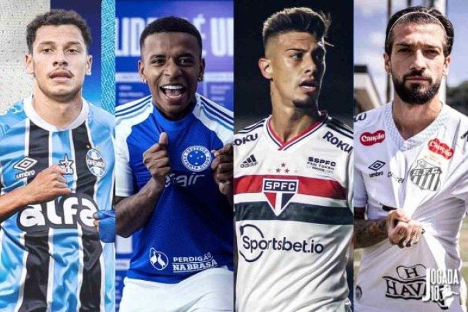 Clubes anunciaram reforços no último dia da janela de transferências - (crédito: Fotos: Divulgação/Grêmio; Gustavo Aleixo/Cruzeiro; Rubens Chiri/São Paulo; Raul Baretta/Santos) Clubes anunciaram reforços no último dia da janela de transferências - (crédito: Fotos: Divulgação/Grêmio; Gustavo Aleixo/Cruzeiro; Rubens Chiri/São Paulo; Raul Baretta/Santos)