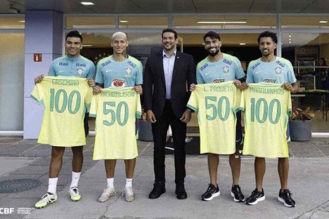 CBF homenageou Marquinhos, Casemiro, Lucas Paquetá e Richarlison por marcas de jogos e convocações - (crédito: Foto: Rafael Ribeiro/CBF) CBF homenageou Marquinhos, Casemiro, Lucas Paquetá e Richarlison por marcas de jogos e convocações - (crédito: Foto: Rafael Ribeiro/CBF)