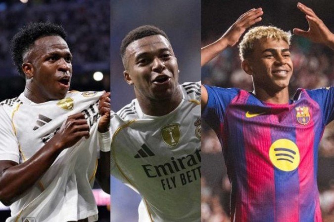 Trio de ataque poderoso em LaLiga: Vini Jr, Mbappé e Yamal -  (crédito: Fotos: Divulgação / Real Madrid e Barcelona)